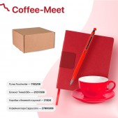 Набор подарочный COFFEE-MEET: бизнес-блокнот, ручка, чайная/кофейная пара, коробка, стружка, красный, красный