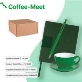 Набор подарочный COFFEE-MEET: бизнес-блокнот, ручка, чайная/кофейная пара, коробка, стружка, зеленый, зеленый