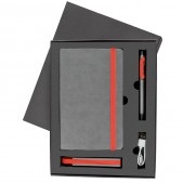 Набор  FANCY: универсальное зарядное устройство(2200мAh), блокнот и ручка в подарочной коробке, серый, красный